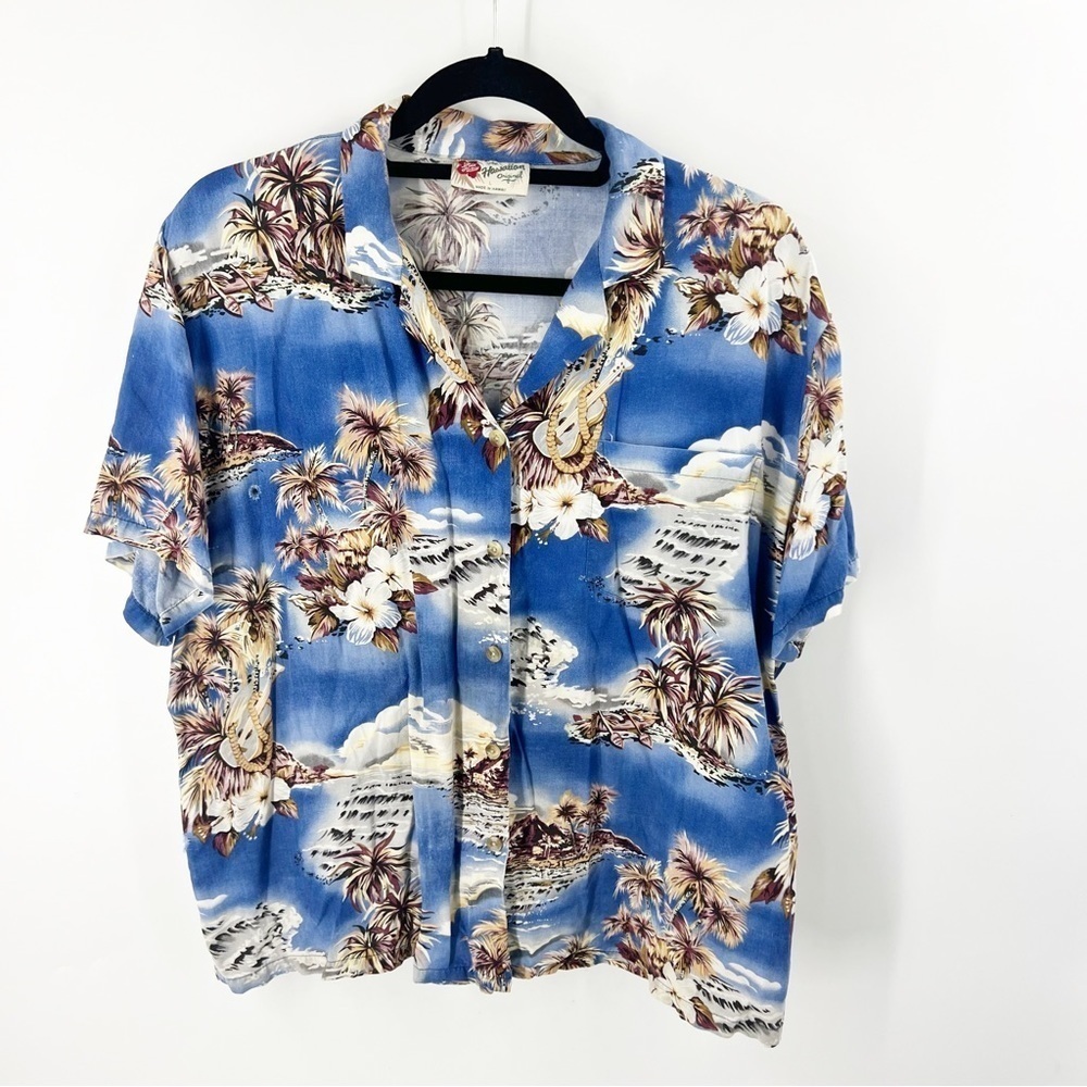 ✅ HILO HATTIE 1980s Vintage Hawaiian Blouse SIZE LARGE BLUE FLORAL